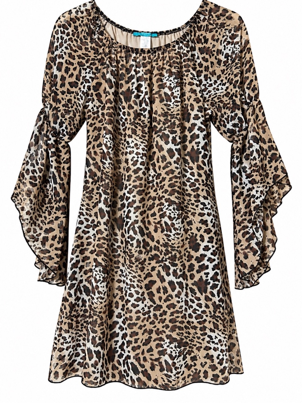 Turquoise Haven Leopard Print Bell Sleeve Mini Dress Small.  Made in the USA.